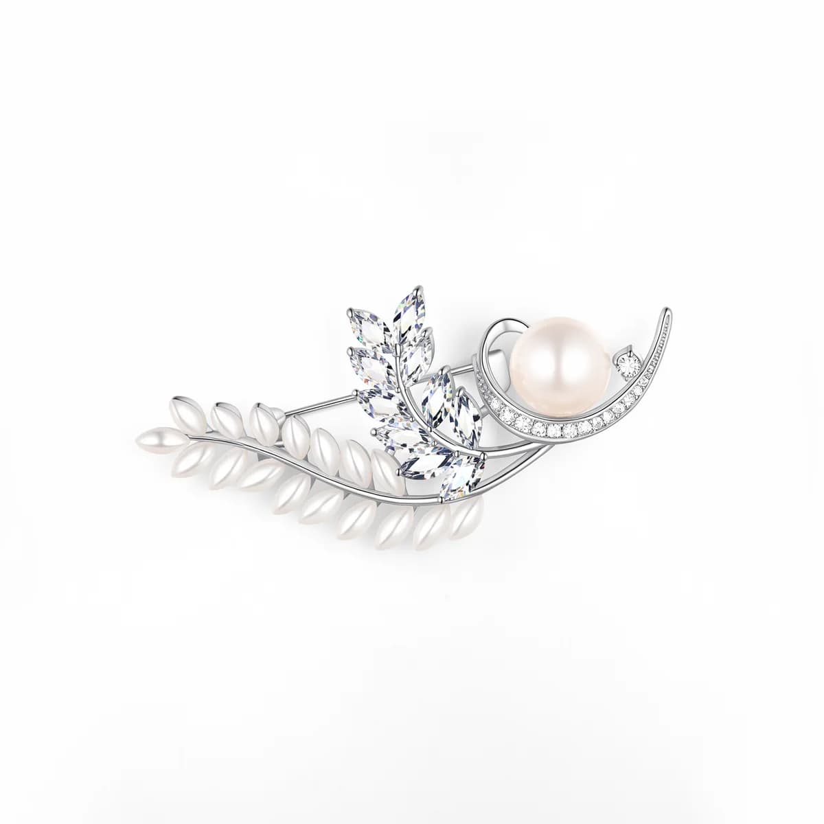 925 Sterling Silver Shell Leaf Marquise Cut Diamond Inlaid Pearl Women Brooch
