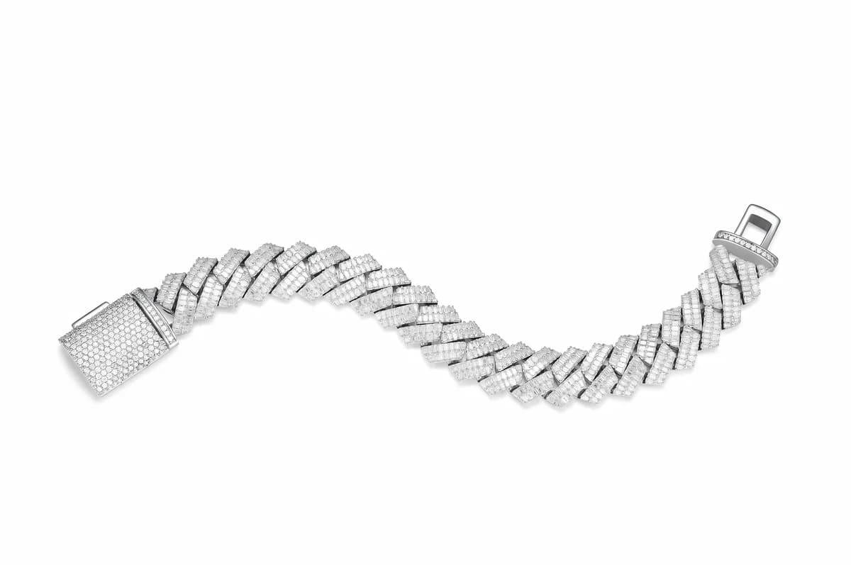 925 Sterling Silver Thick Baguette Full Iced Out Cuban Mens Hip Hop Moissanite Bracelet