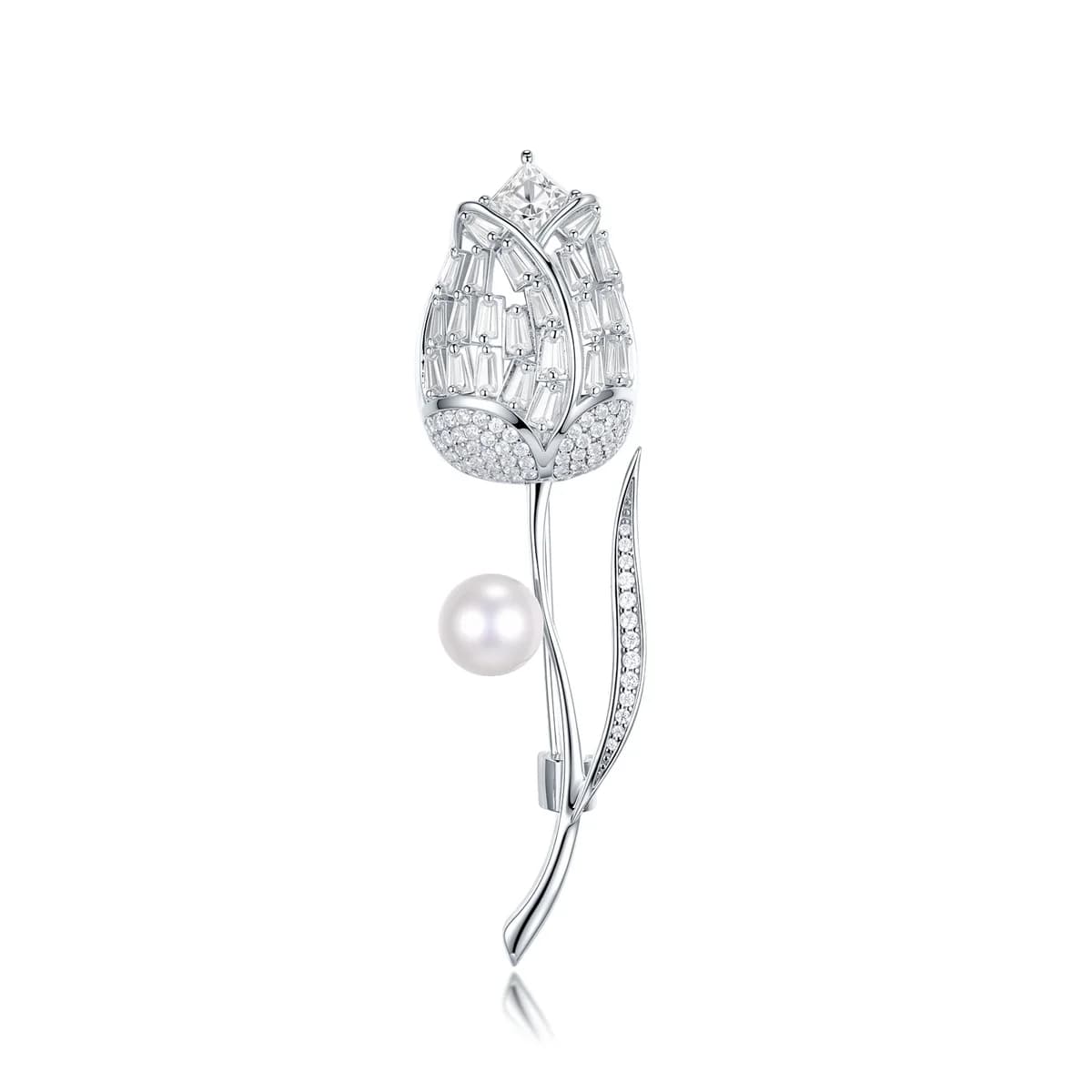 925 Sterling Silver Tulip Baguette Cut Diamond Freshwater Pearl Women Brooch