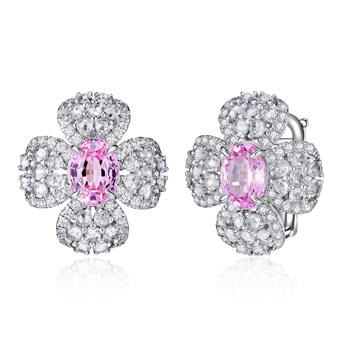 Cherry Blossom Clover Sakura Pink Gem Pave Diamond Earrings