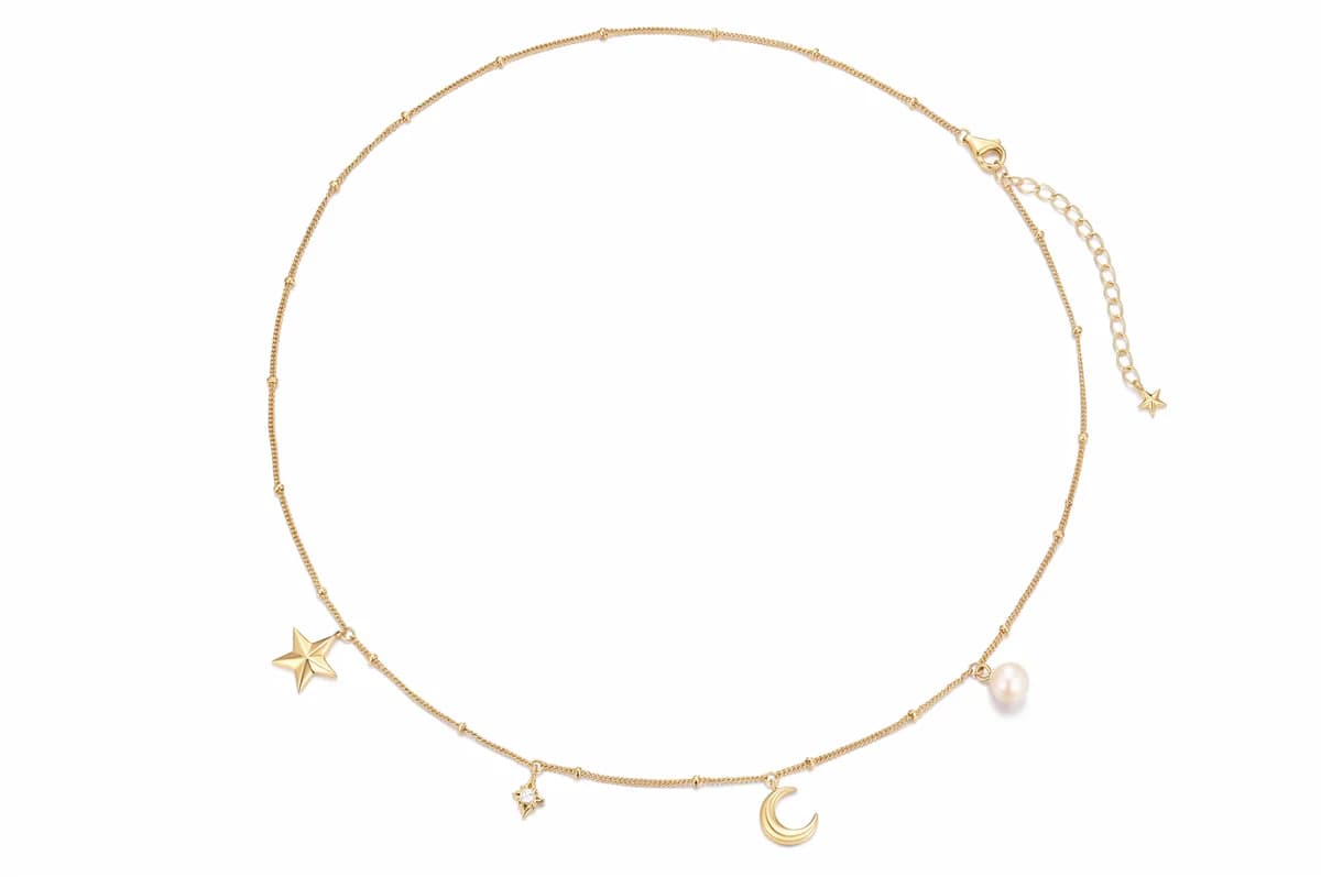 Delicate Gold Vermeil Star Moon Pearl Multi-Charm Snake Chain Adjustable Solid Sterling Silver Bracelet