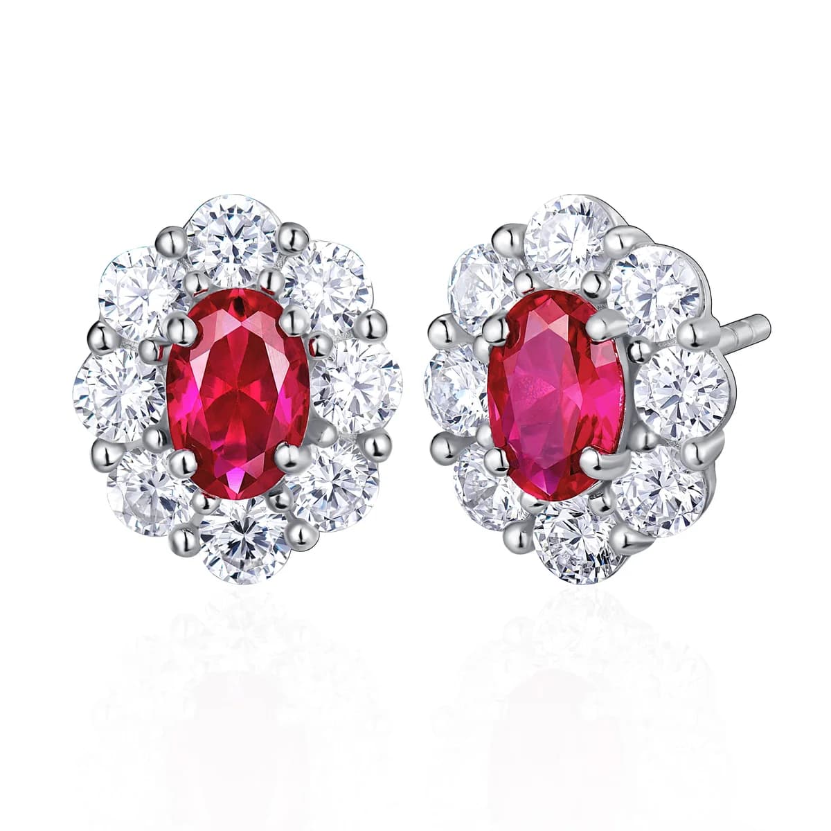 Diana Style Oval Pigeon Blood Red Gem Sunflower Halo Studs