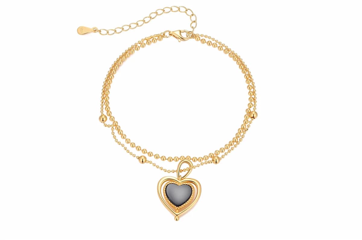 Double Layer Beaded Chain Rotatable Black Onyx Heart Charm 18K Gold Vermeil Adjustable Solid Sterling Silver Bracelet