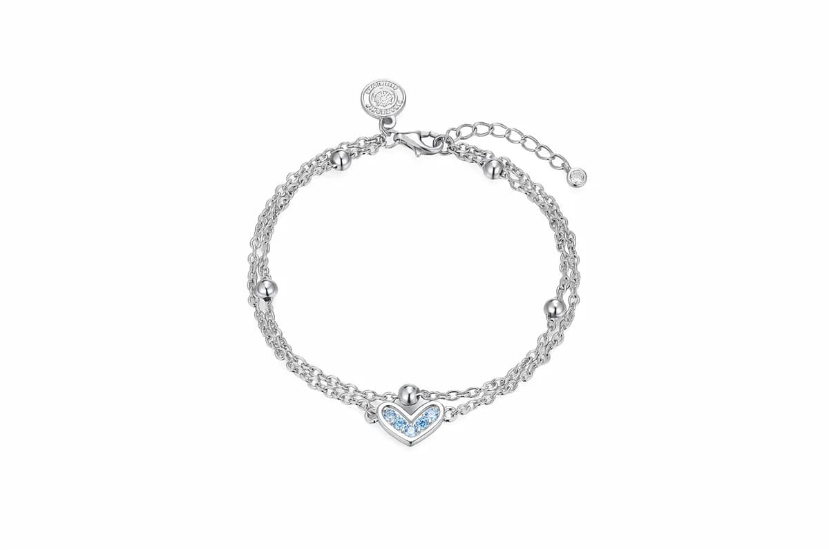 Double Layer Shimmer O-Chain Blue Zircon Pave Heart Spacer Bead Charm Adjustable Solid Sterling Silver Bracelet