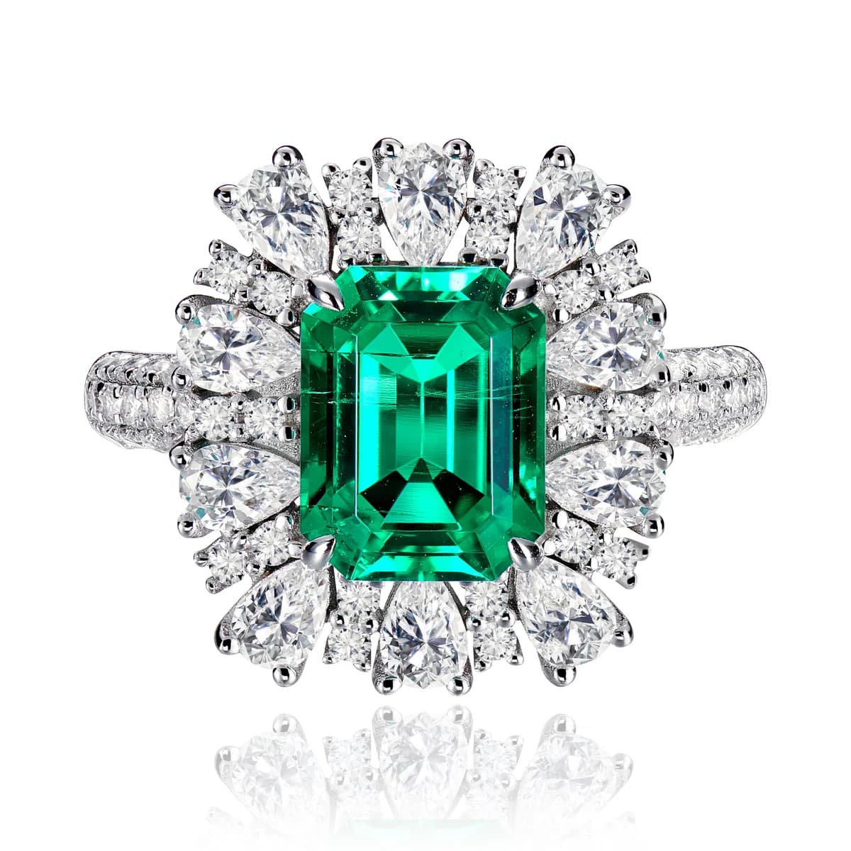 Vivid Green Sunburst Halo Dual Pave Band Ring