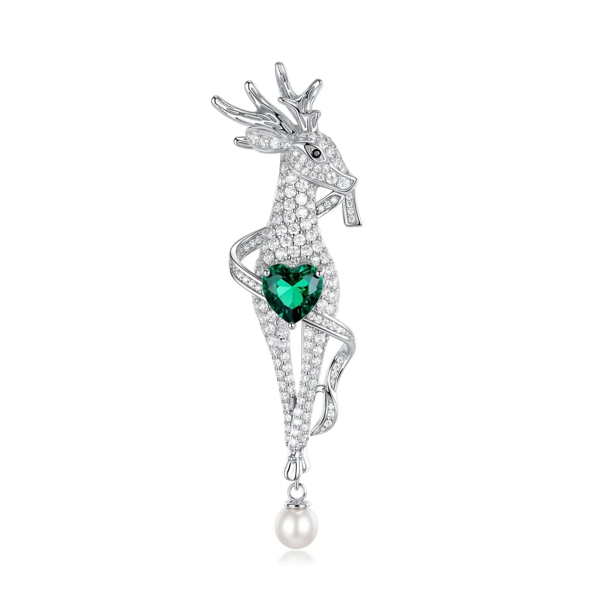 Full Pave Diamond Deer With Heart Shape Emerald Mainstone Dangling Pearl 925 Sterling Silver Luxury Brooch
