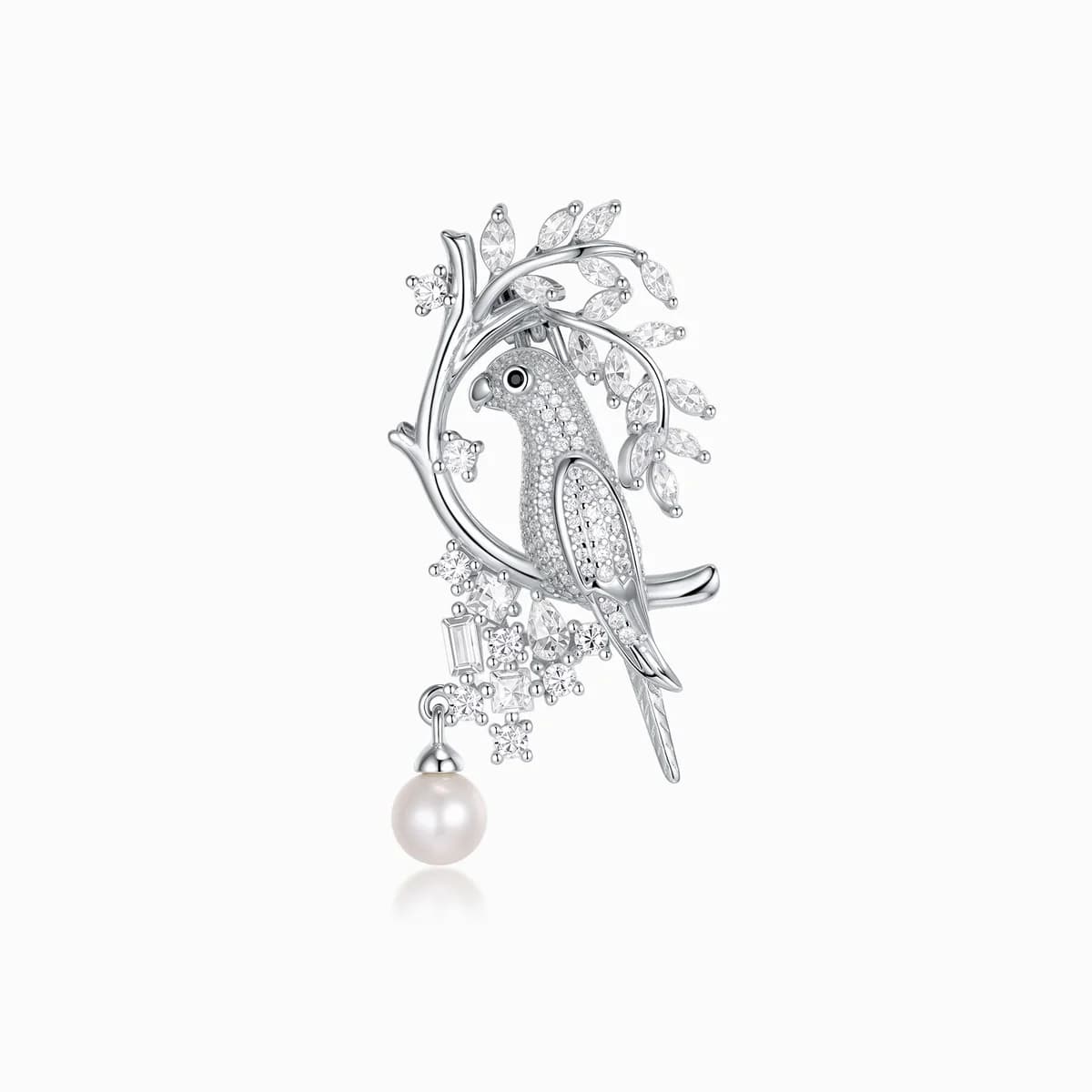 Full Pave Diamond Parrot on Branch Dangling Freshwater Pearl 925 Sterling Silver Exquisite Brooch