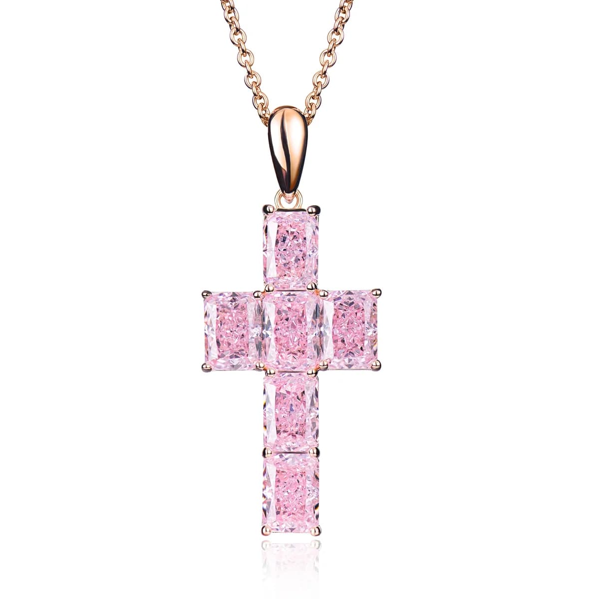 Full Pave Pink CZ Cross Pendant Rose Gold Necklace
