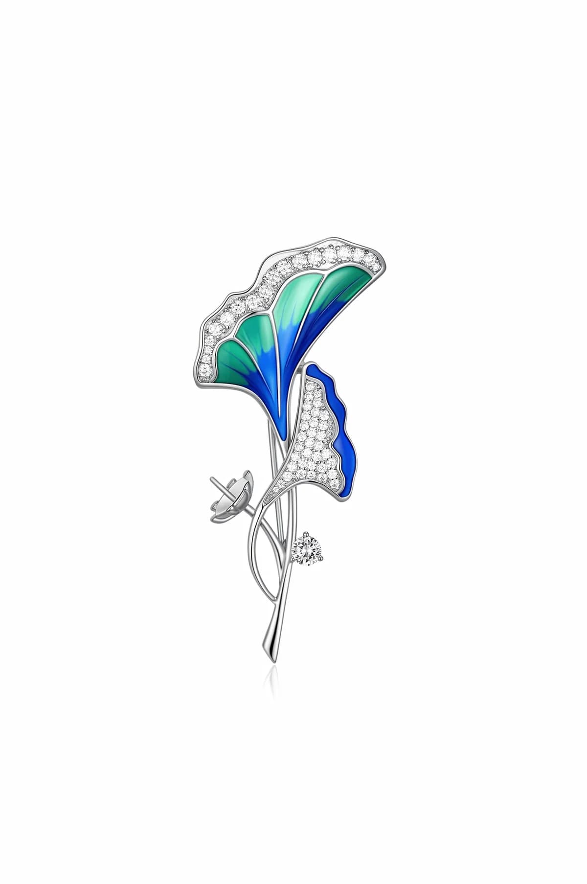 Gradient Enamel Full Pave Diamond Double Ginkgo Leaf 925 Sterling Silver Elegant Brooch