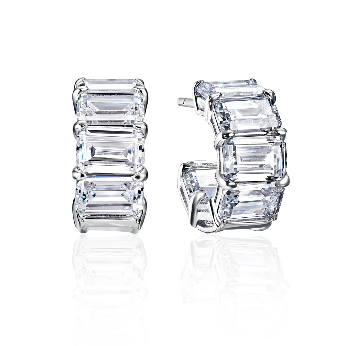 Half-C Open Wide Hoop 3 Baguette Emerald Cut Earrings
