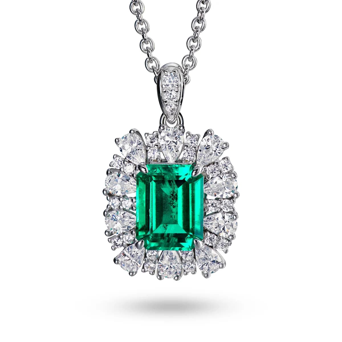 Halo Sunburst Emerald-Cut Colombian Emerald Pendant