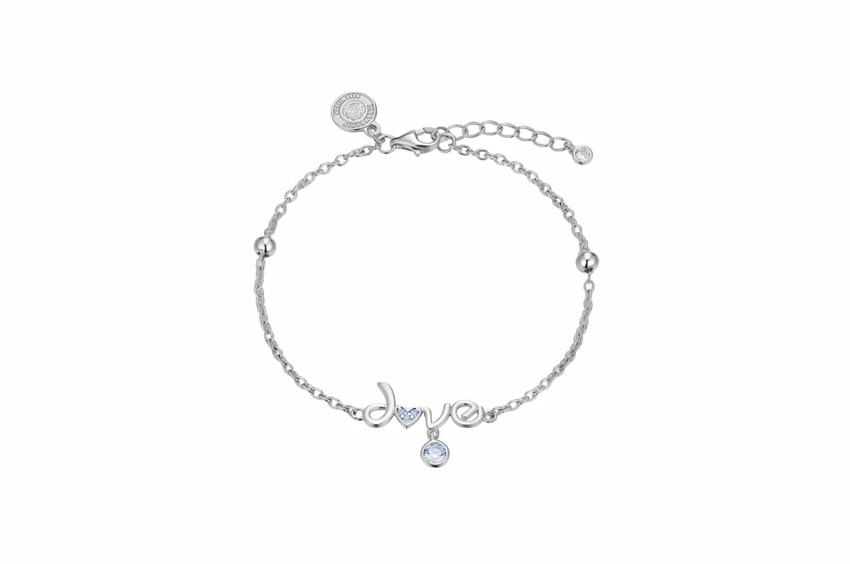 Handwritten Style Love Letter Blue Zircon Inlay Ball Chain Adjustable Solid Sterling Silver Bracelet