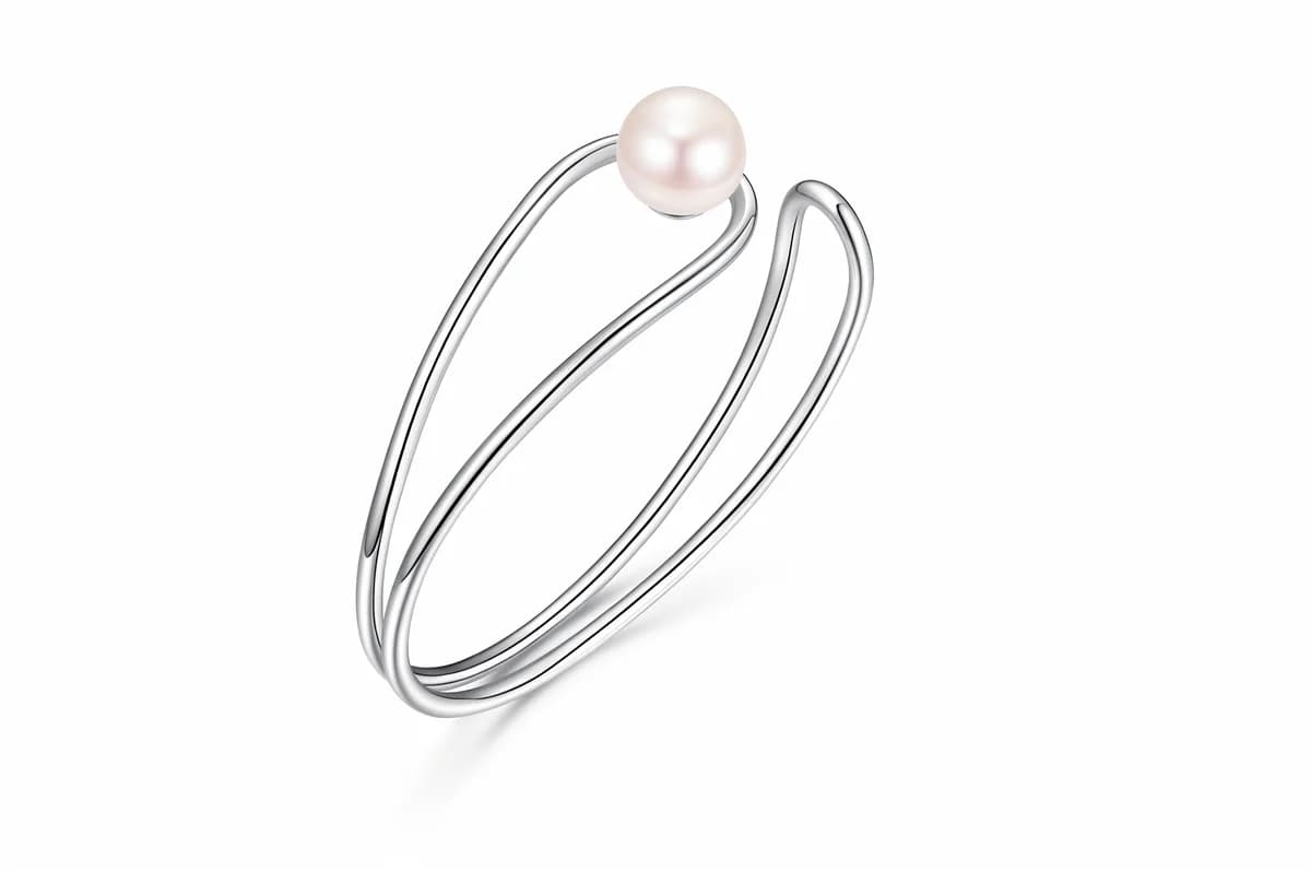 Interlocking Double-Wire Freshwater Pearl Solid Sterling Silver Open Cuff Bangle