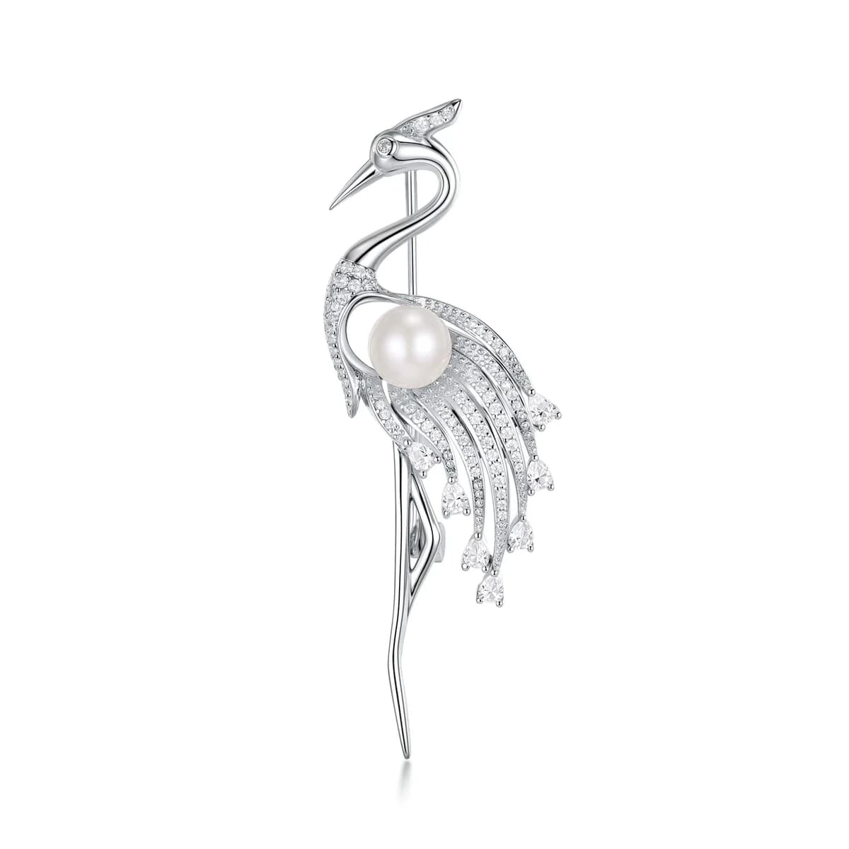 Luxury 925 Sterling Silver Diamond Crane Brooch with Natural Freshwater Pearl for Women