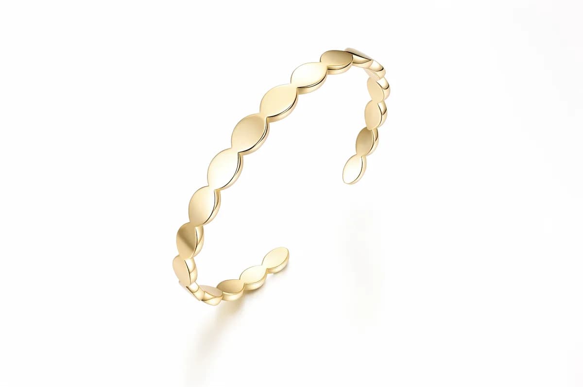 Matte Gold Vermeil Interlocking Oval Leaf Solid Sterling Silver Open Cuff Bangle
