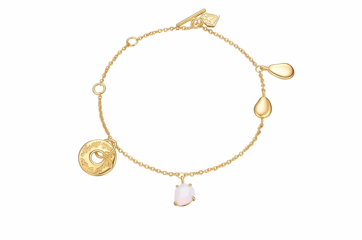 Multi-Charm Polished Teardrop Engraved Donut Pink Gemstone Toggle Clasp 18K Gold Vermeil Solid Sterling Silver Delicate Bracelet