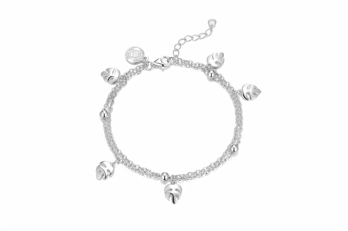 Multi-Layer Shimmer O-Chain 3D Monstera Charm Spacer Bead Disc Charm Adjustable Solid Sterling Silver Bracelet