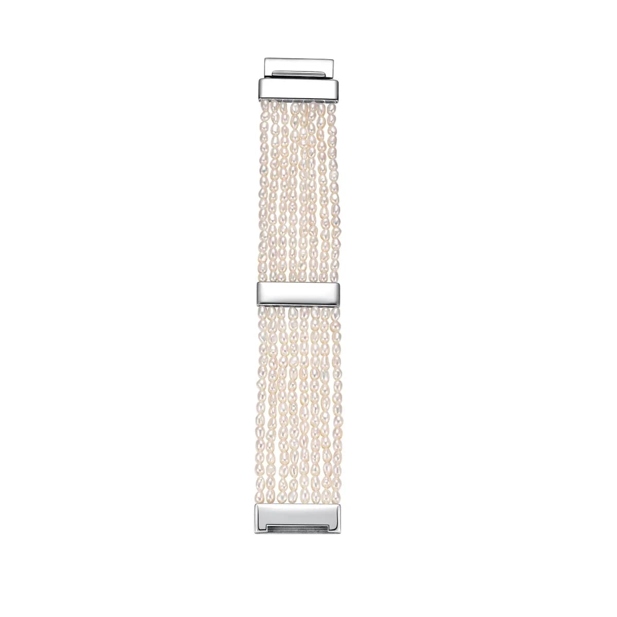 Multi-Row High-Luster Freshwater Seed Pearl Solid Sterling Silver Square Buckle Positioning Wide Statement Bracelet