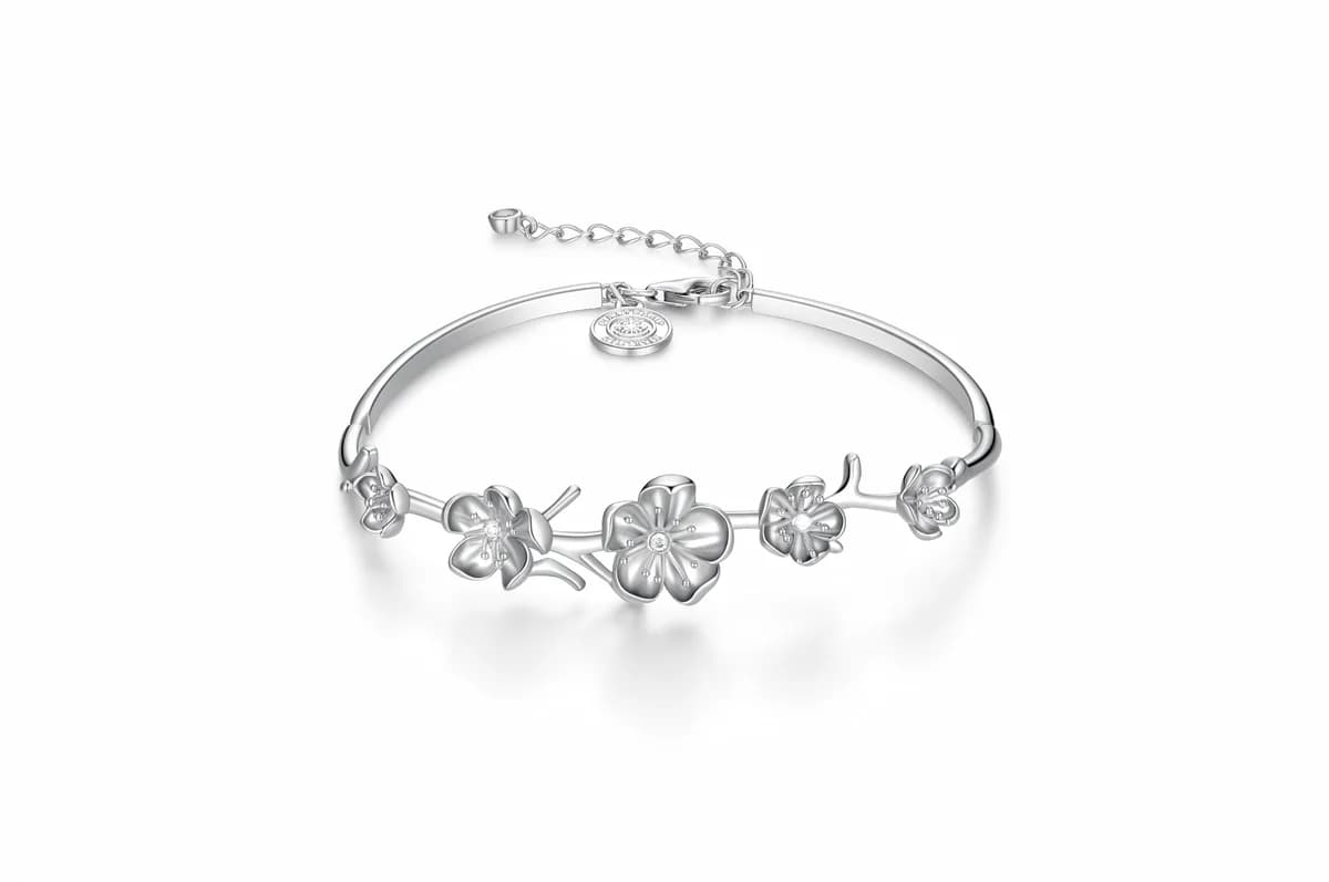 Oriental Relief Blossom Branch Plum Blossom Adjustable Chain Solid Sterling Silver Bangle