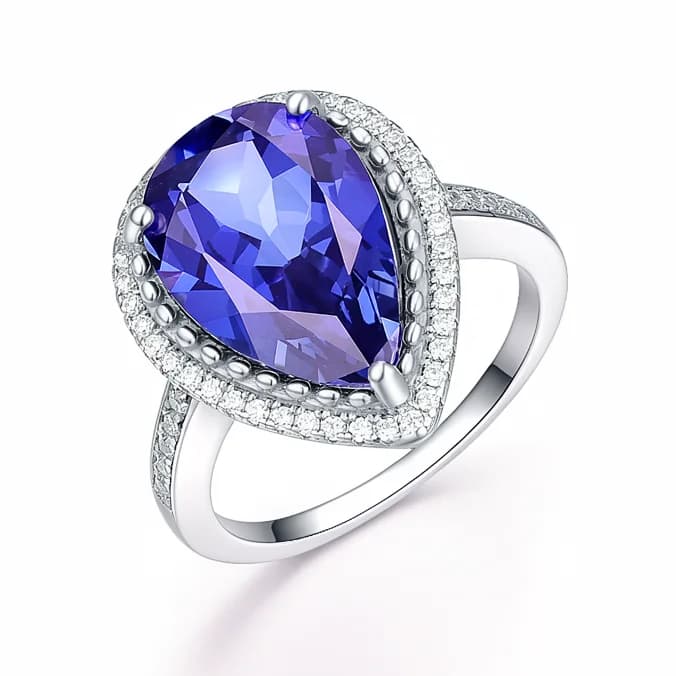 Tanzanite Pear Double Halo Dual Pave Band Ring