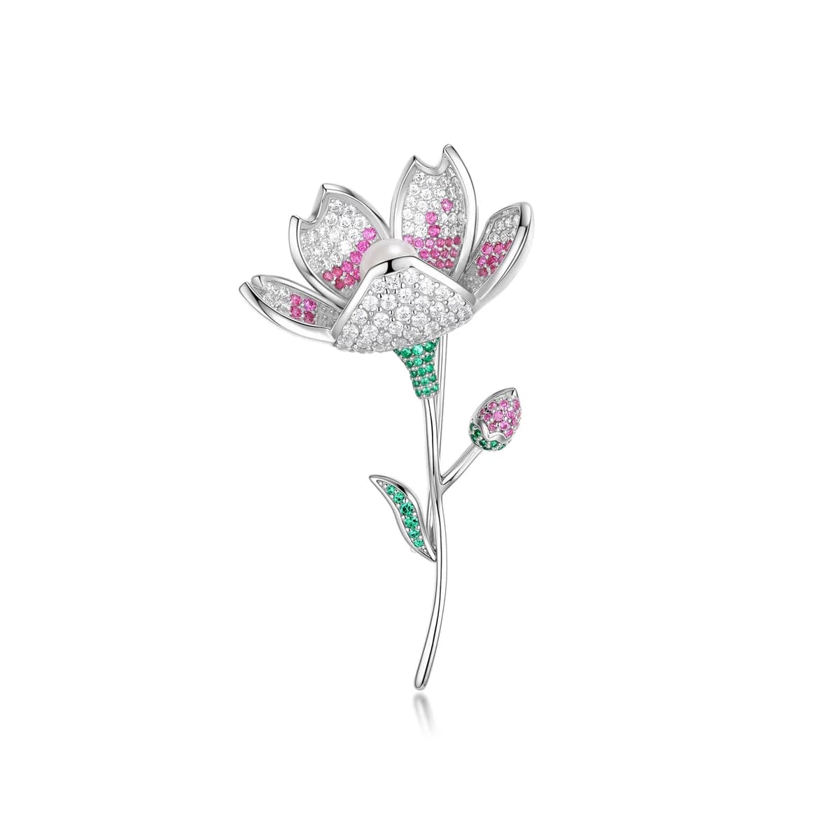 Pink & Green Gradient Gem Full Pave Magnolia Flower Inlaid Center Pearl 925 Sterling Silver Exquisite Brooch