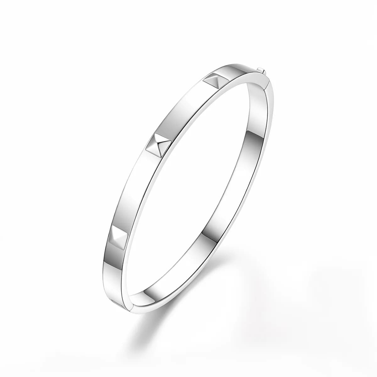 Polished Pyramid Stud Inlay Slim Hinged Solid Sterling Silver Bangle