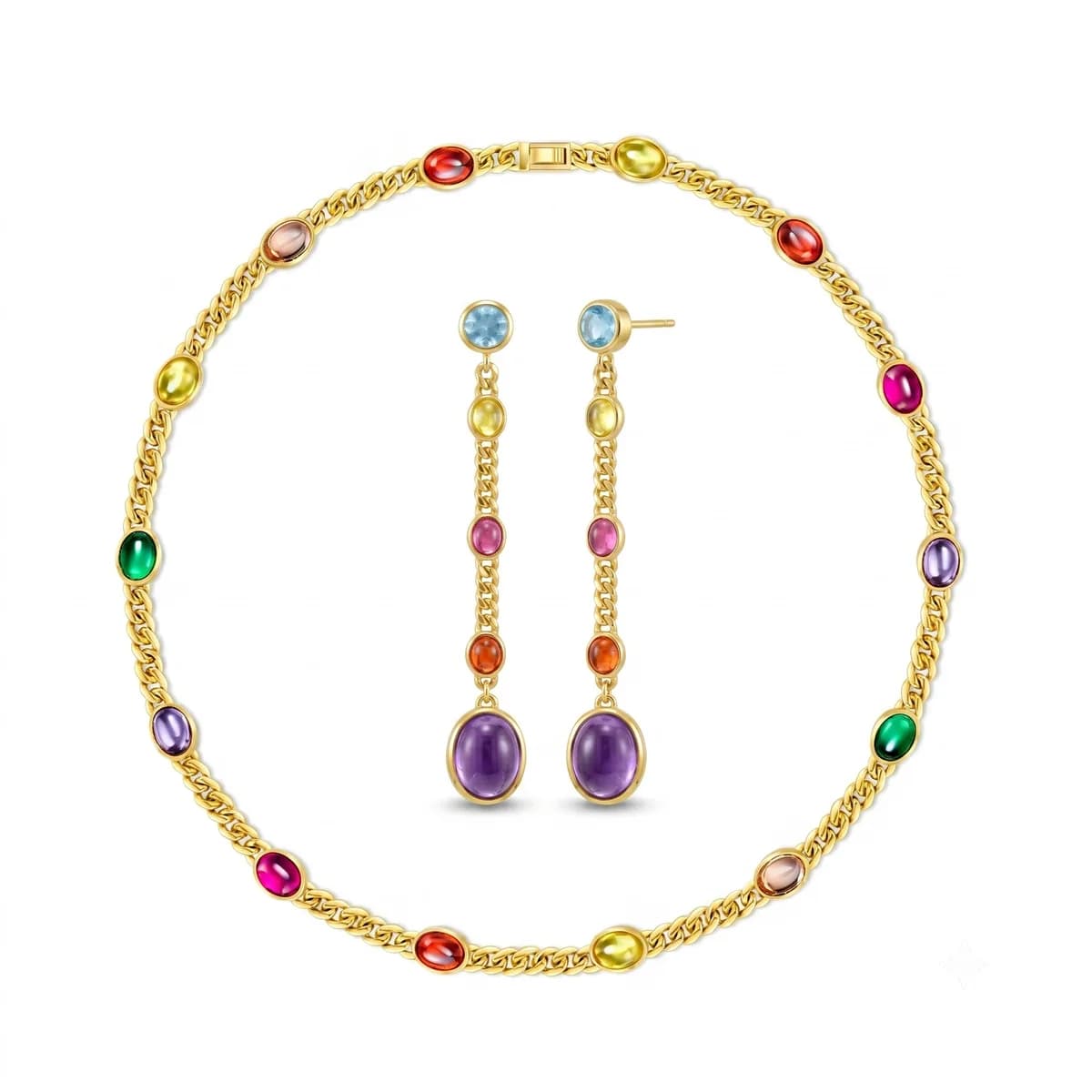 18K Gold Cuban Link Rainbow Candy Gemstone Necklace & Earrings