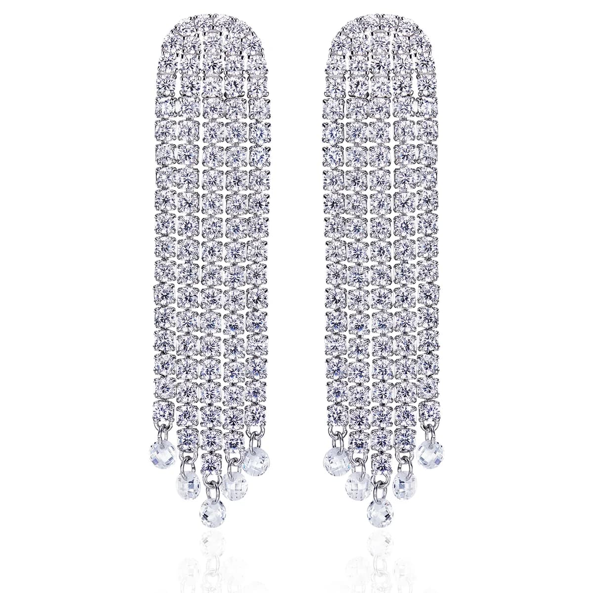 Rounded Top 3 Princess Cut Tassel Drop Pave Earrings