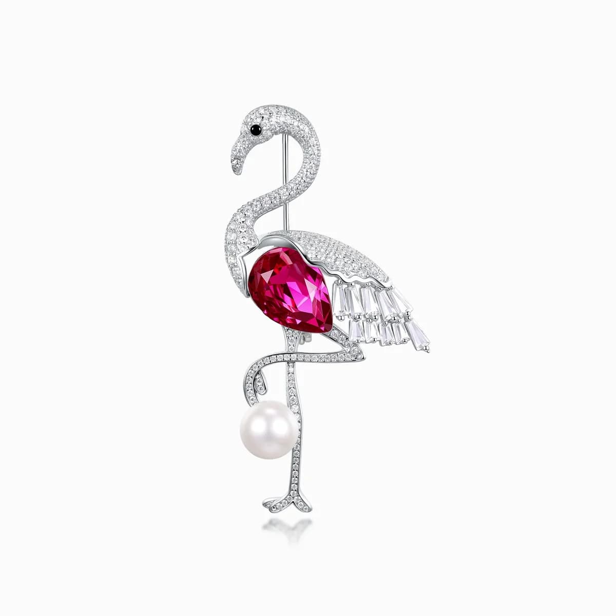 Ruby Mainstone Full Pave Diamond Tassel Flamingo Inlaid Pearl 925 Sterling Silver Luxury Brooch