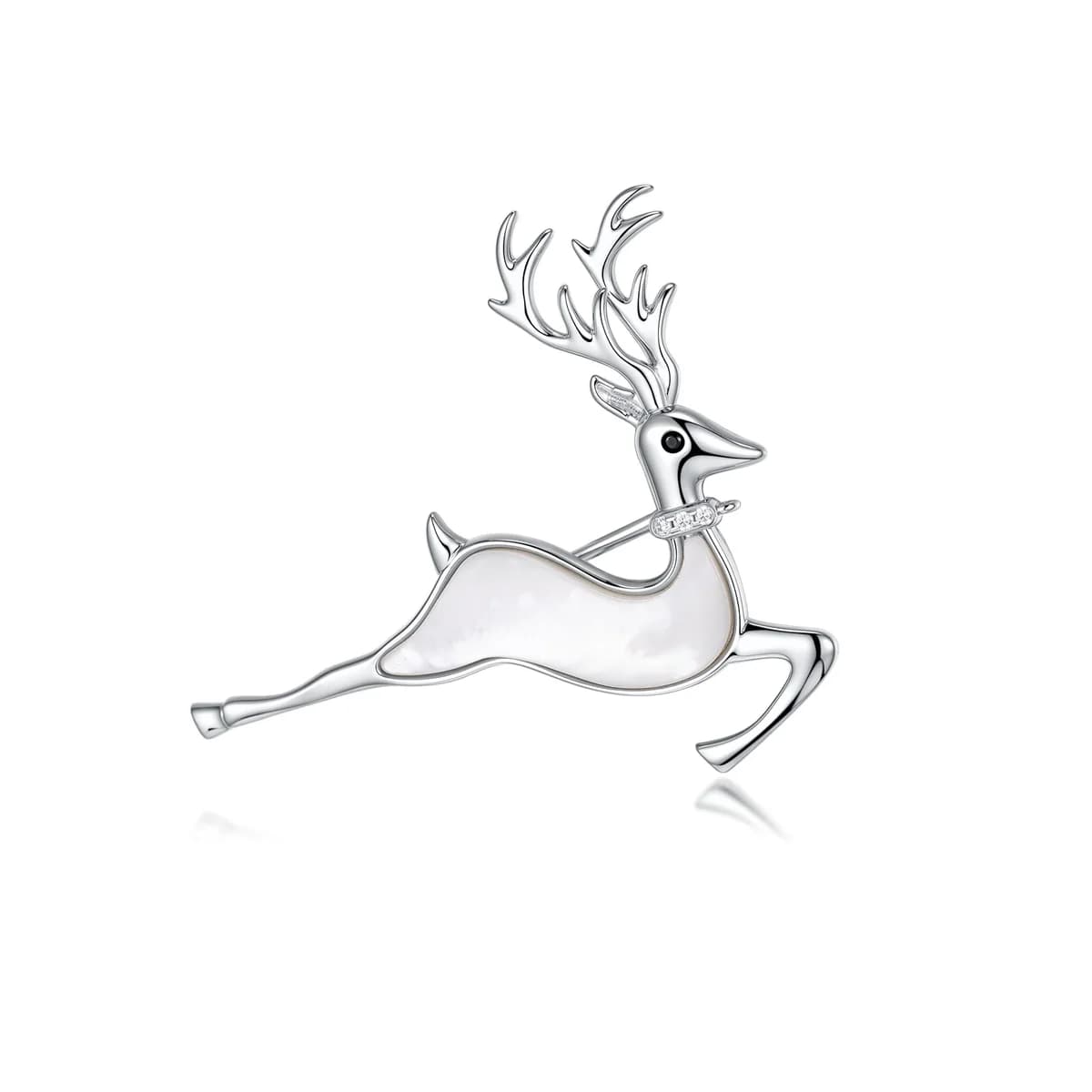 Running Deer Inlaid Natural White Mother of Pearl Diamond 925 Sterling Silver Elegant Brooch