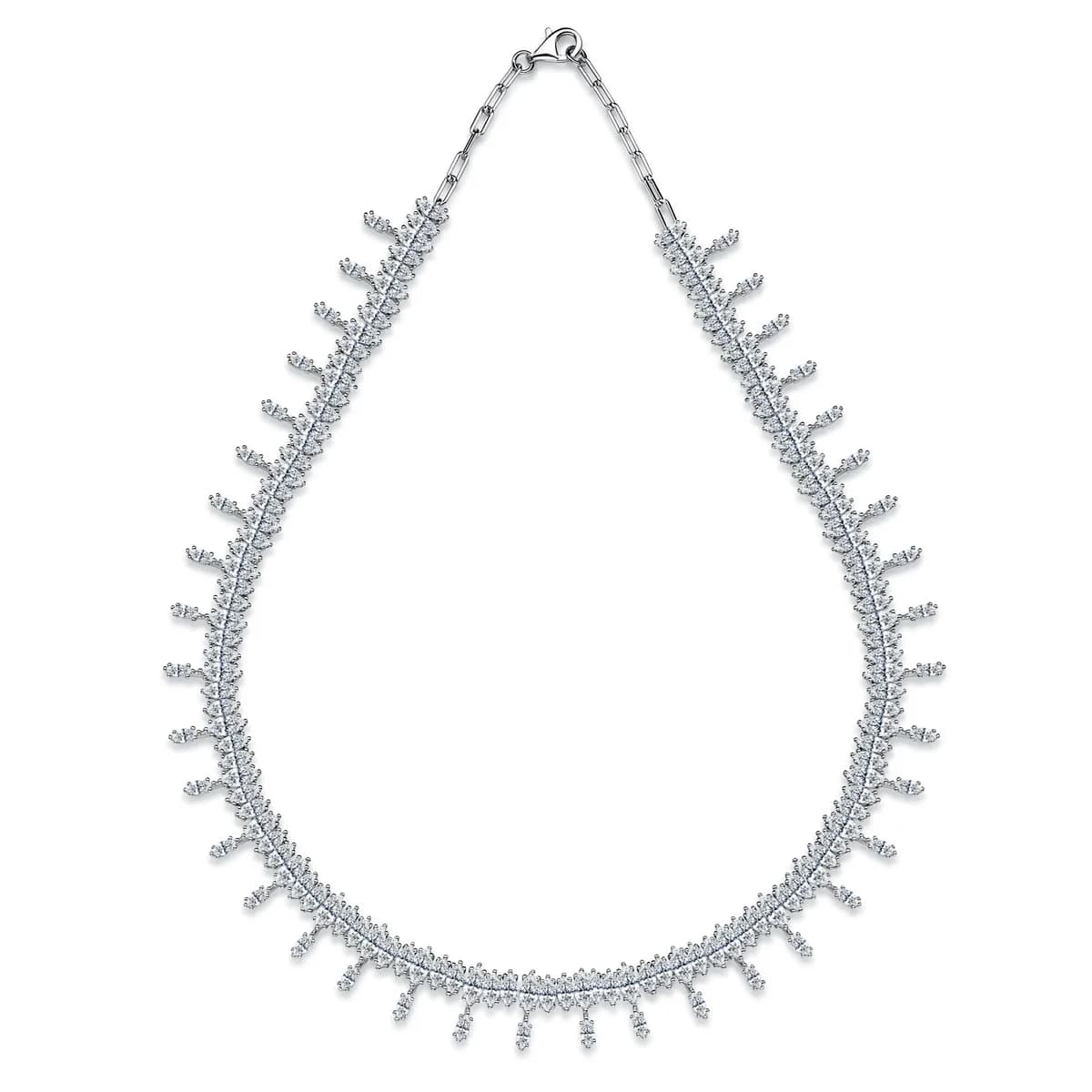Full Pave CZ Fishbone Gradient Spiked Fringe Necklace