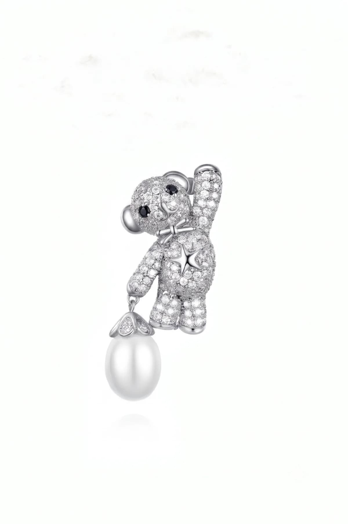 3D Full Pave Diamond Teddy Bear Pearl Dangle Brooch
