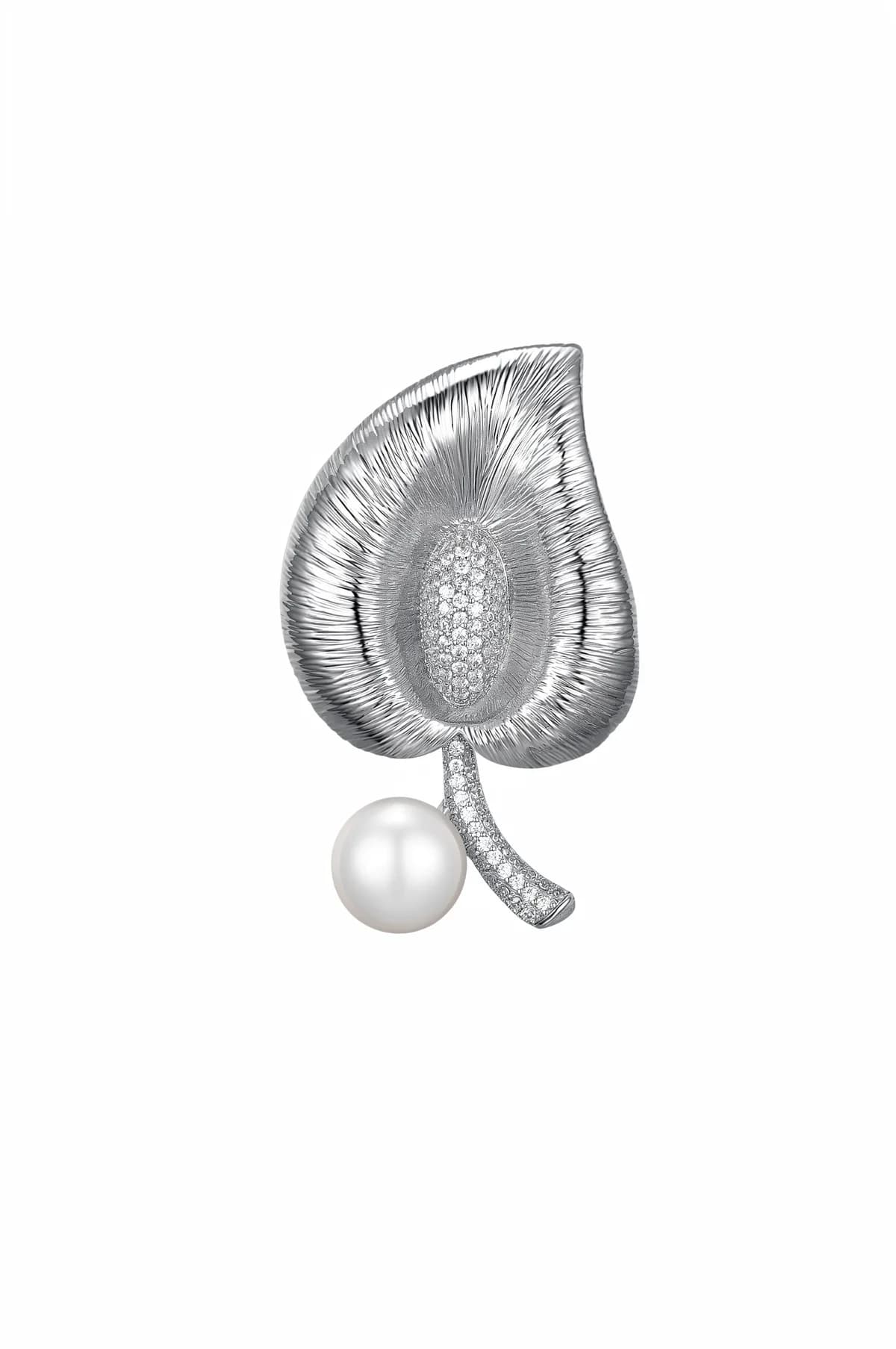 3D Brushed Ginkgo Leaf Pave Diamond Pearl Stem Brooch