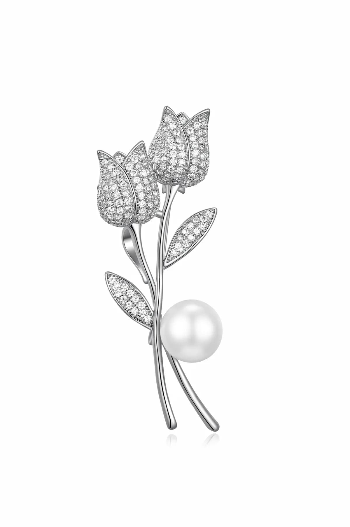 3D Double Tulip Bud Full Pave Diamond Pearl Brooch