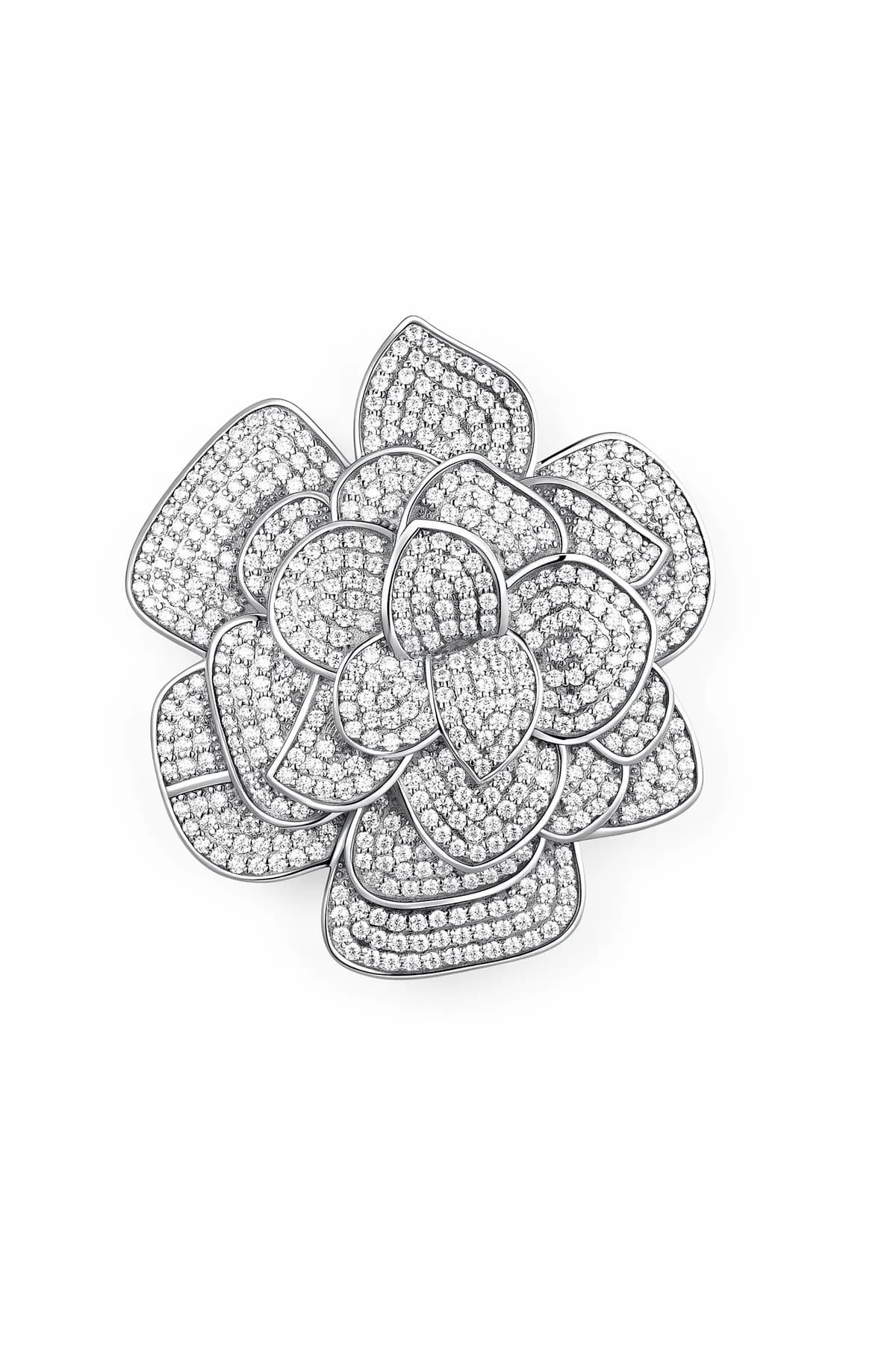 3D Layered Camellia Full Gapless Pave Moissanite Brooch