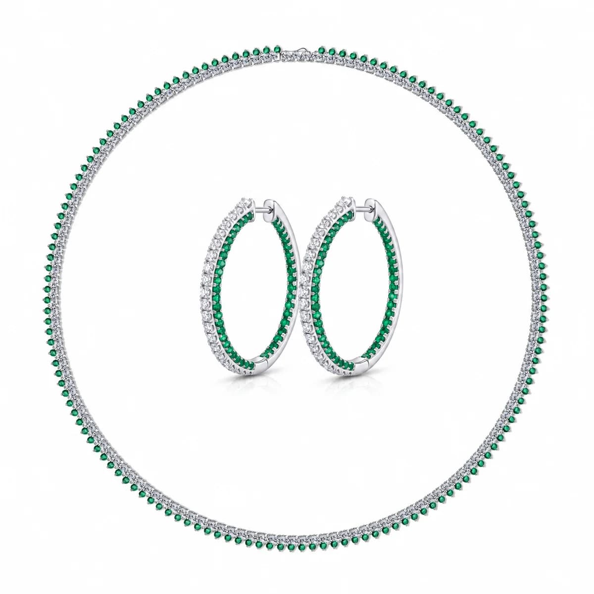 Emerald & White Diamond Dual-Track Tennis Necklace Set