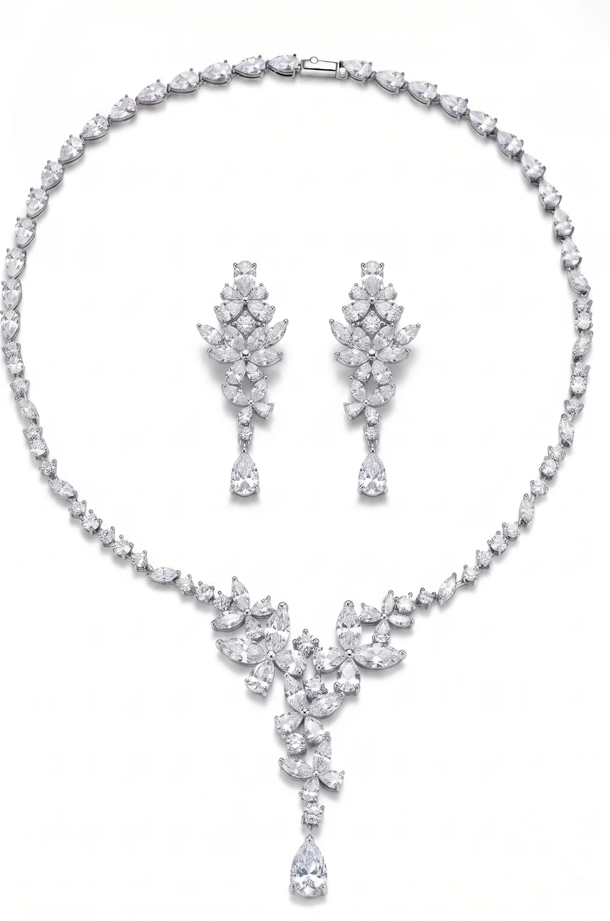 Flower Vine Marquise Tennis Necklace & Pear Drop Earrings Set