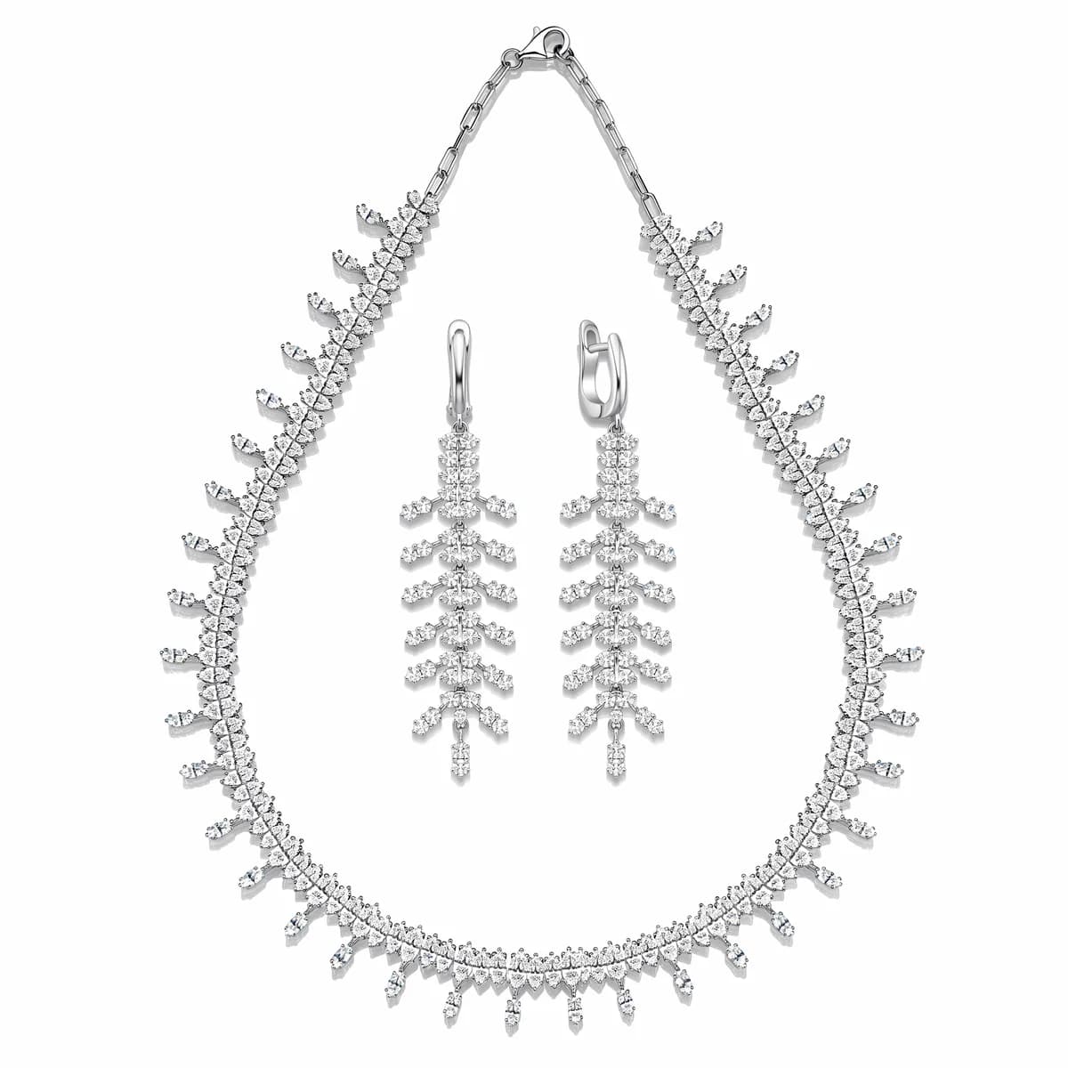 Full Diamond Fishbone Necklace & Huggie Dangle Earrings Set
