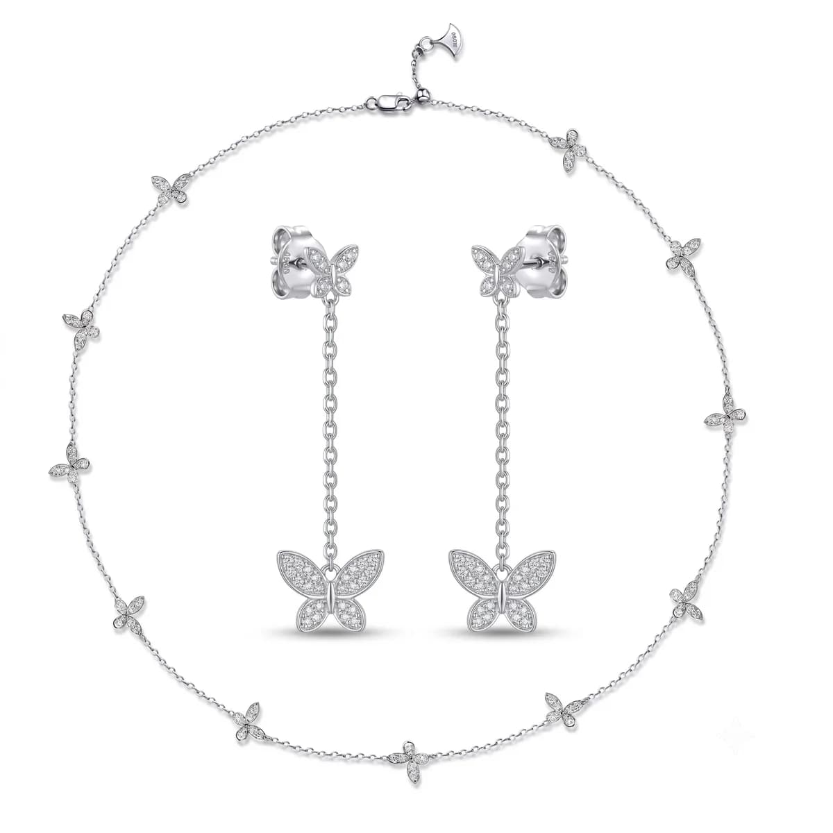 Full Pave Diamond Butterfly Chain Necklace & Dangle Earrings