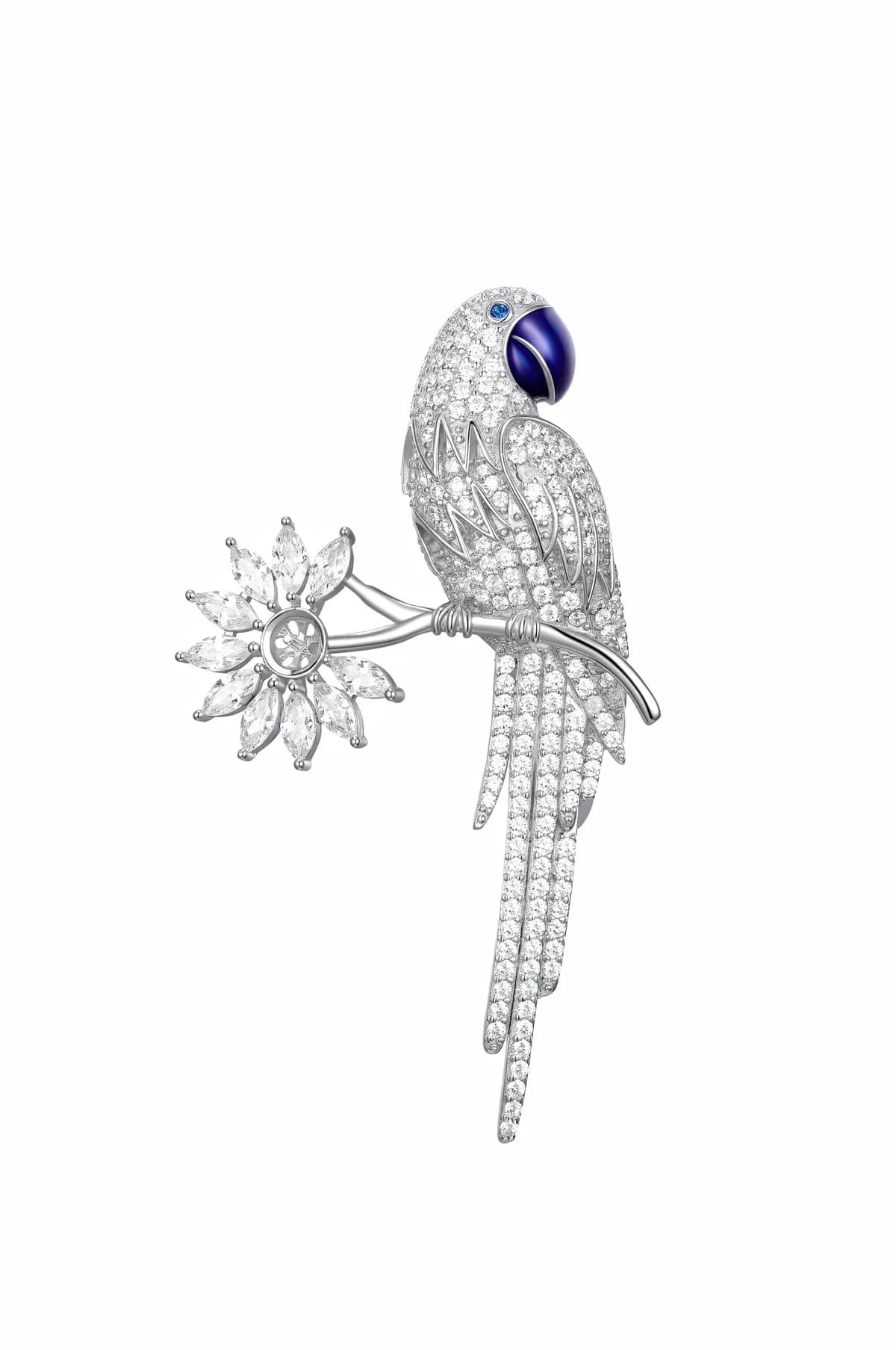 Full Pave Diamond Enamel Parrot on Branch 925 Sterling Silver Luxury Brooch