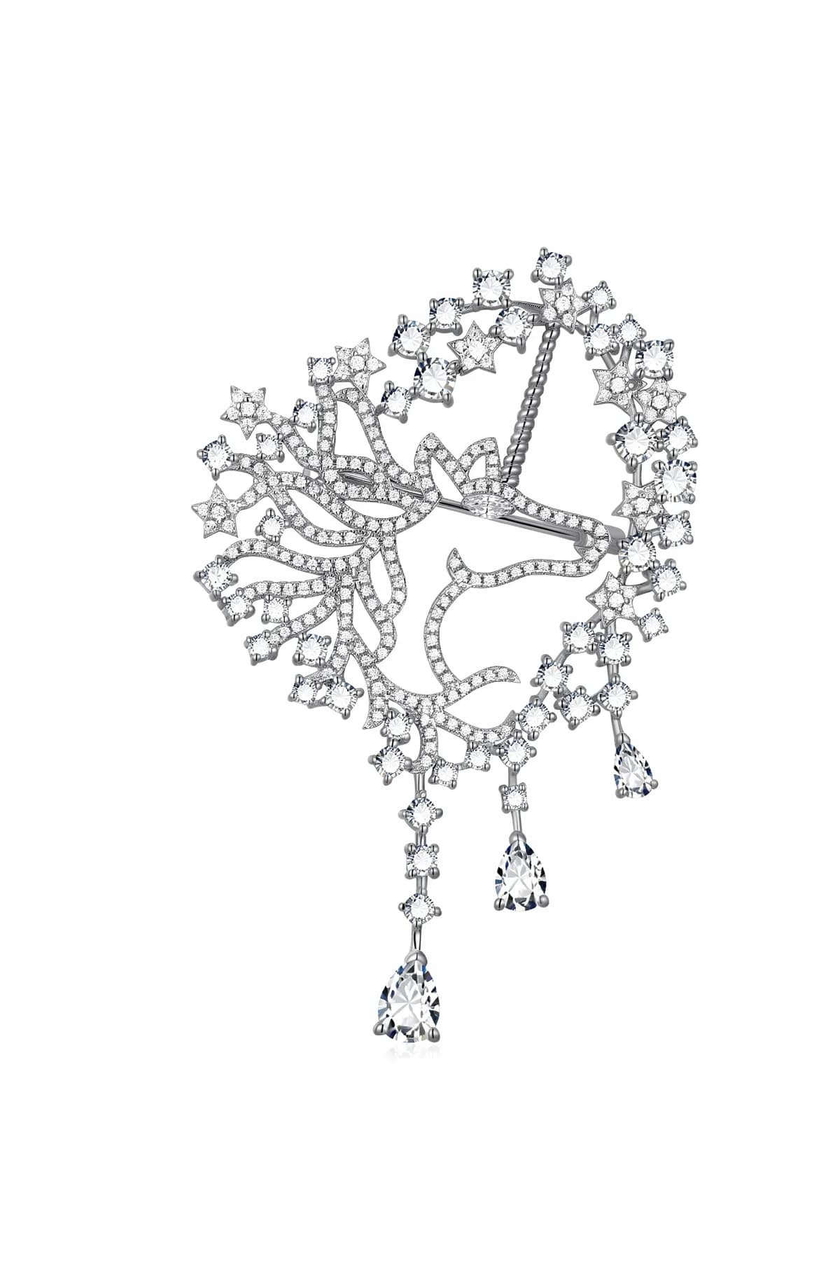Hollow Star Firework Full Pave Diamond Pear Tassel Brooch