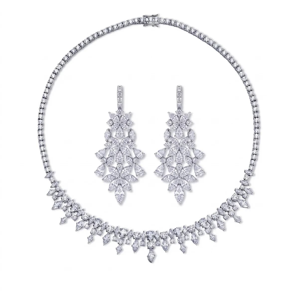 Ice Flower Fringe Tennis Necklace & Chandelier Earrings Set