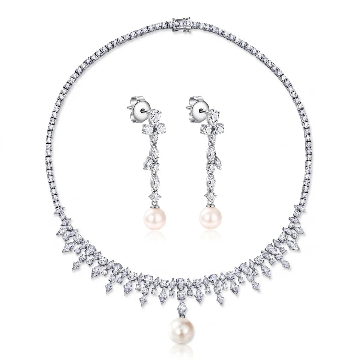 Diamond Tennis Necklace & Pearl Drop Cross Star Earrings Set