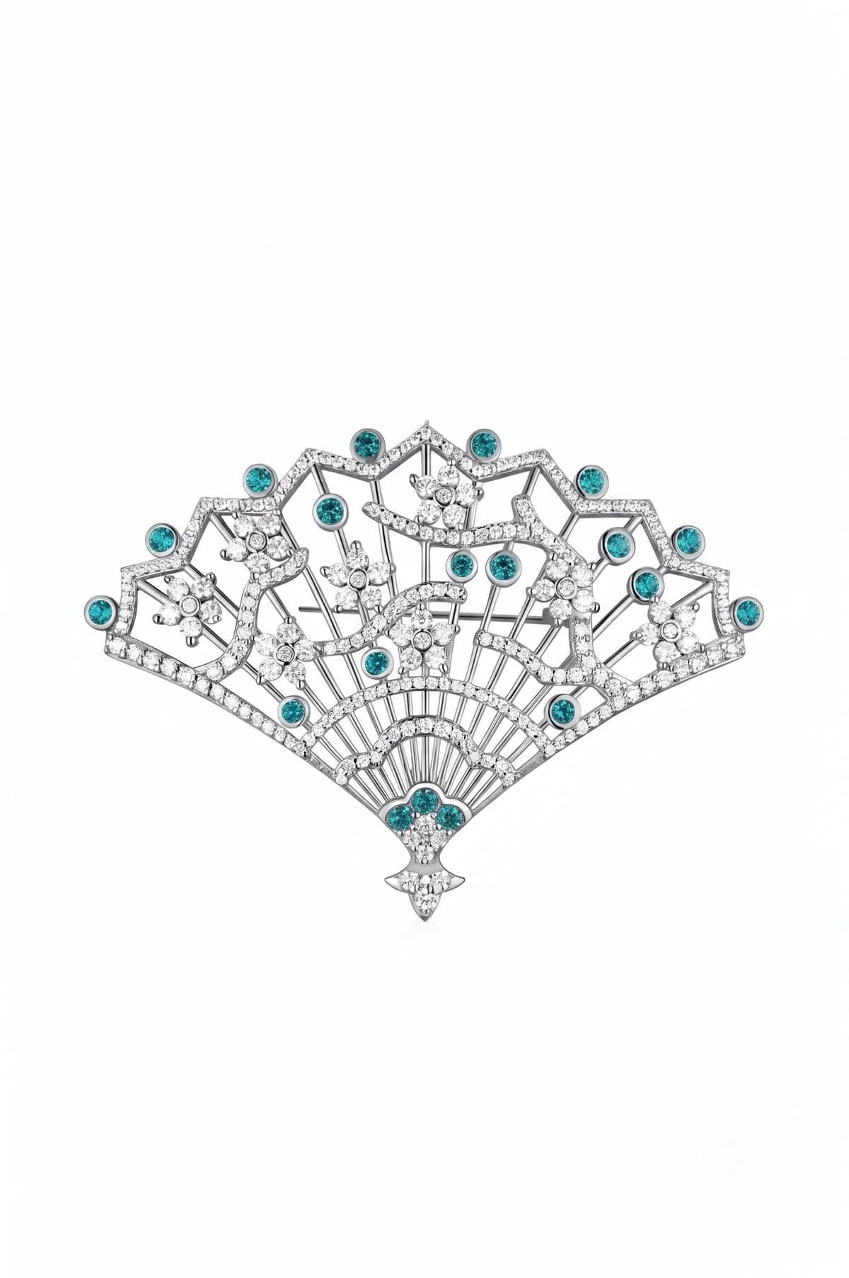 Neo Chinese Hollow Fan Emerald Green Gem Diamond Brooch