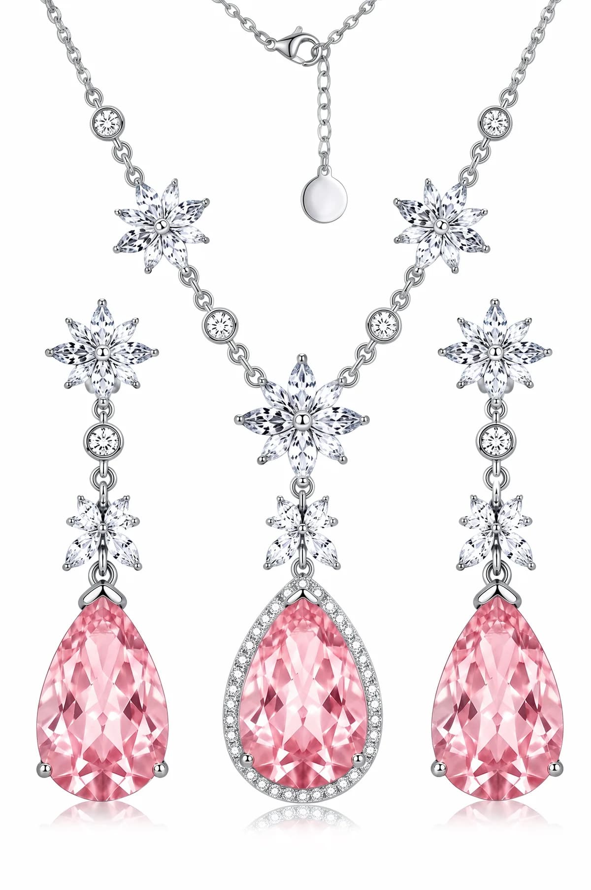 Star Flower Necklace & Earrings Set, Sakura Pink Pear Gem