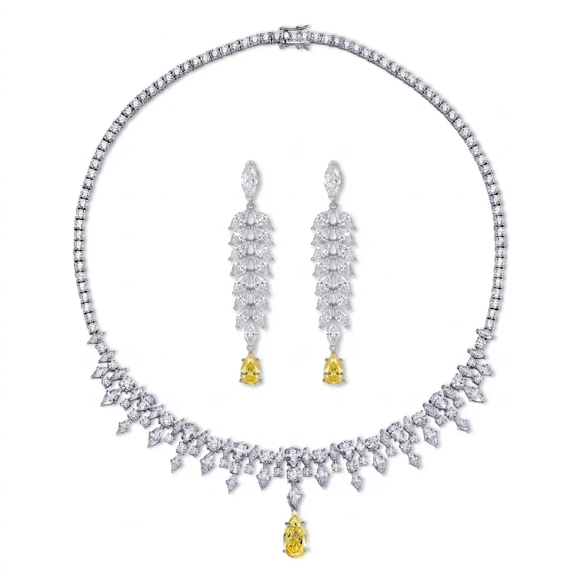 Diamond Tennis Necklace & Yellow Pear Gem Earrings Set