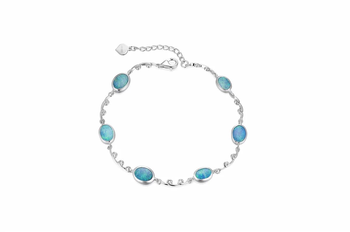 Six-Stone Gradient Color Play Oval Bezel-Set Natural Opal Heart Charm Solid Sterling Silver Adjustable Bracelet