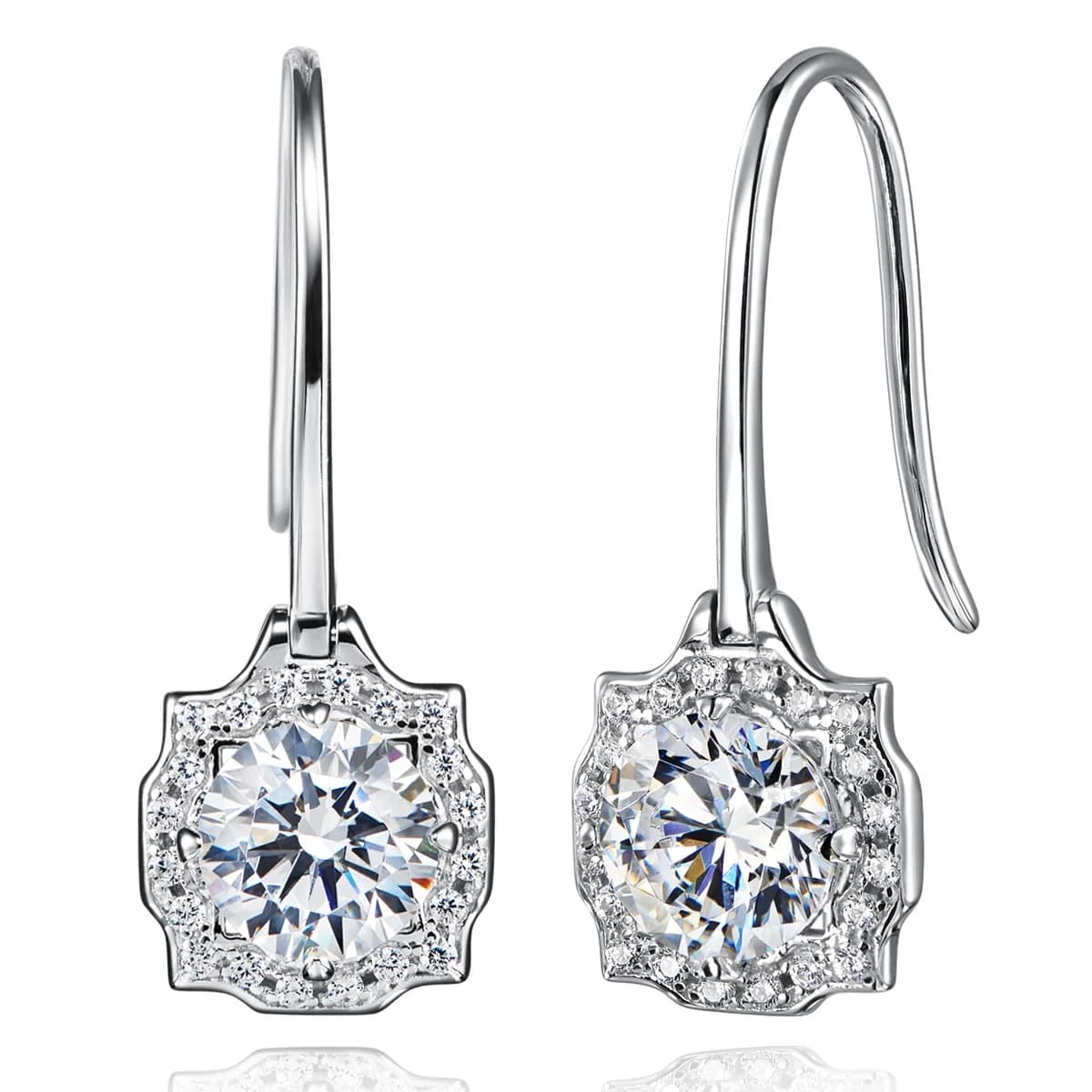 Slim Curved Fish Hook Round Brilliant Octagon Halo Earrings