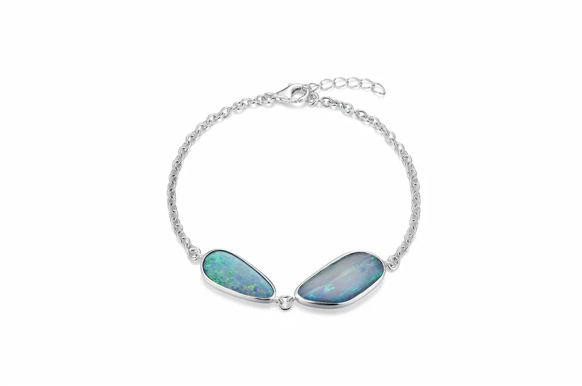 Two Elongated Freeform Veined Natural Opal Thin Cable Chain Adjustable Solid Sterling Silver Bracelet