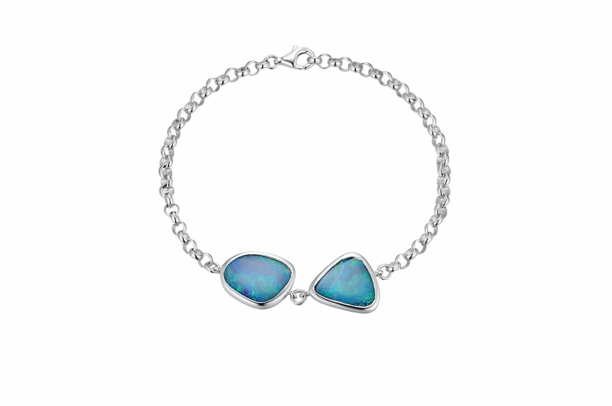 Two Freeform Blue-Green Play-of-Color Natural Opal Oval Cable Chain Adjustable Solid Sterling Silver Bracelet